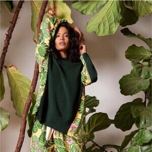 Free People x Sandrine Rose Tropical Long Sleeve Hawaiian Sweater Green Yellow